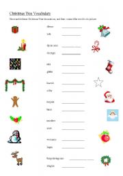 English worksheets Christmas Tree Decorations Vocabulary