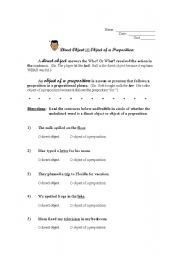 English Worksheet: Direct Object or Object of Preposition