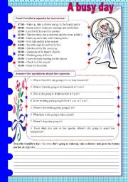 English Worksheet: A busy day - reading comprehension + going to future [questions, retelling, gap-filling] KEYS INCLUDED ((3 pages)) ***editable