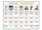 English Worksheet: guess who: HOW DO THEY FEEL? 1/2