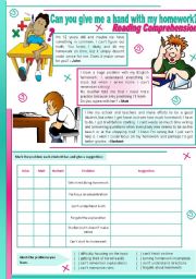 English Worksheet: Can you give me a hand with my homework?  reading comprehension + grammar (should) [4 tasks] ((2 pages)) ***editable