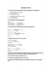 English worksheet: In My Place: Cold Play  Worksheet