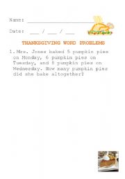 English Worksheet: Thanksgiving Word Problems