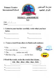 English worksheet: test for grade 1