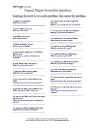 English worksheet: Present and Past Scrambled Questions