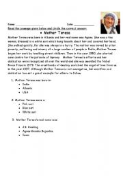 English Worksheet: Comprehension on Mother Teresa