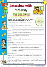English Worksheet: An Interview with Alice, the bus driver  - writing activity for elementary and lower intermediate students (A2)