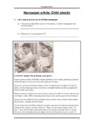 English Worksheet: Newspaper article: Child obesity