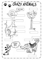 English Worksheet: ANIMALS + PARTS OF THE BODY + POSSESSIVE CASE  B&W