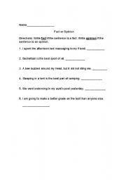 English worksheet: Determining Fact from Opinion in Text