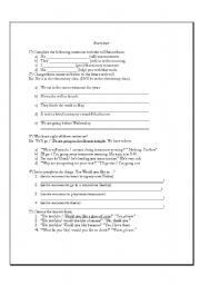 English worksheet: Exercises:will future, going to, and would like