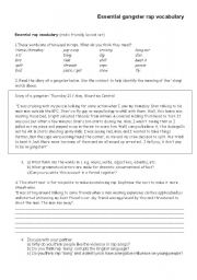 English worksheet: Essential gangster rap vocabulary_caution advised