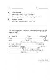 English worksheet: Writing Descriptive Paragraphs