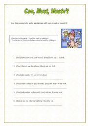 English worksheet: Can, must, mustnt