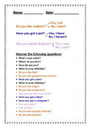 English worksheet: Questions and answers about oneself