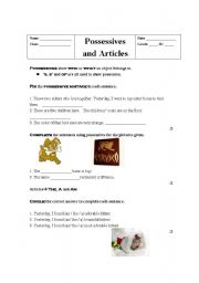 English worksheet: Possessives and Articles