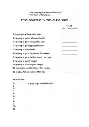 English Worksheet: TO BE GOING TO: Find someone who...