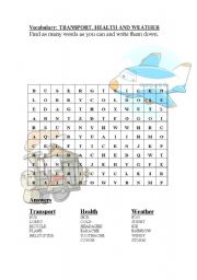 English worksheet: HEALTH, MEANS OF TRANSPORT AND THE WEATHER