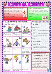 English Worksheet: CAN - CAN`T (B&W version & Key included) -FULLY EDITABLE