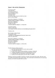 english worksheets queen we are the champions lyrics and vocab questions