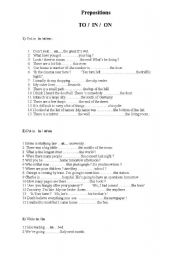 English Worksheet: Preposition : To /  In / On 