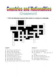 English Worksheet: Countries and Nationalities - Crossword