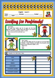 English Worksheet: LOOKING FOR PENFRIENDS - READING AND COMPREHENSION - 2 PAGES