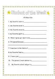English Worksheet: Student of the Week- All About Me