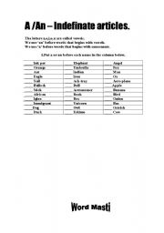 English Worksheet: a or an determiners & articles- a quick revision