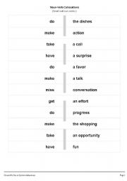 English worksheet: Noun-Verb Collocations - Matching Cards