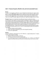 English Worksheet: Human Impacts, Biodiversity, & Environmental Issues Experiment