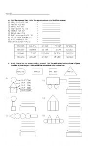 English worksheet: addition of whole numbers and estimating sums