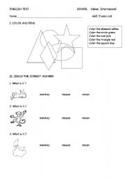 English worksheet: EVALUATION_shapes, phonics,numbers, family