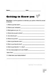 English Worksheet: Getting to know you