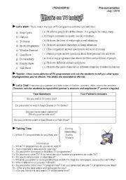 English Worksheet: Conversation Class about Types of TV Programmes (All answers included)