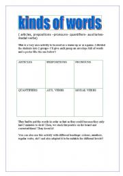 English worksheet: kinds of words!!!