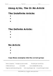 English Worksheet: using articles