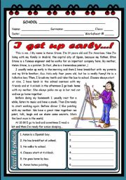 English Worksheet: I GET UP EARLY...! ( 2 PAGES )