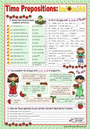 English Worksheet: Time Prepositions:  In/ On/ At  for elementary students