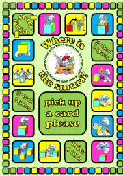 Where is the smurf? Prepositions board game + cards + instructions. Fully editable