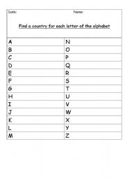 English worksheet: Alphabet Countries