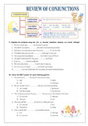 English Worksheet: Review of conjunctions (multiple-choice, rewriting, gap-filling exercises)