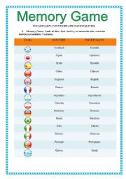 English Worksheet: Memory Game: Countries and Nationalities with the verb 