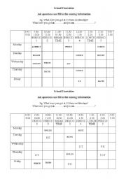 English worksheet: Gap filling exercise, school timetables