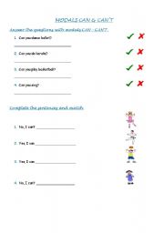 English Worksheet: modal can - cant