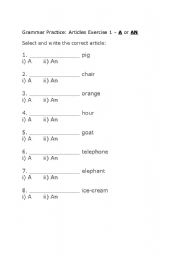 English worksheet: Artciles Practice on A or AN