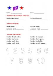 English worksheet: Test on personal information, numbers and colours 