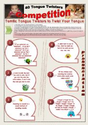 English Worksheet: 40 FUNNY TONGUE TWISTERS COMPETITION - (6 Pages) with 7 activities + instructions about how to use them