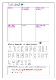English Worksheet: School Objects, Numbers, The Alphabet