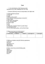 English worksheet: test on shopping and food